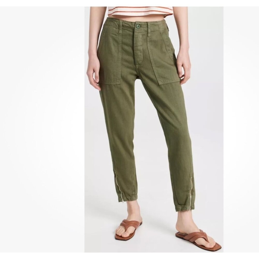 Amo Zip Utility Trouser Mid Rise Slim Fit Tapered Leg Size 27 Sage Green Cotton